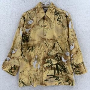D'Avila Shirt Mens Medium Yellow Bird Print Hawaiian Long Sleeve Button Up Disco